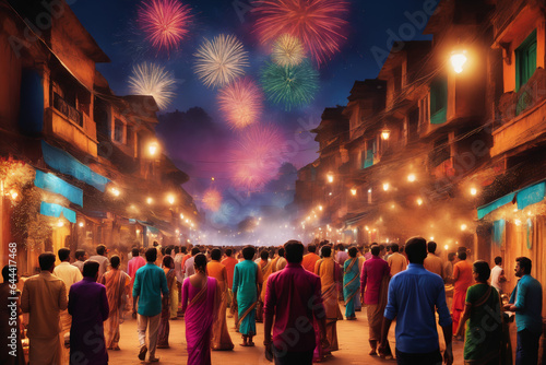 A bustling street in India, with families dressed in vibrant festive attire