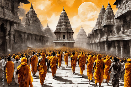 A scene of Lord Rama, Sita, and Lakshman returning to Ayodhya, greeted by joyous crowds and illuminated pathways