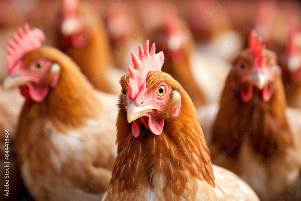 Fototapeta premium Chickens or hen on traditional poultry farm for meat and eggs