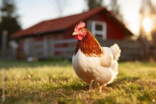Chicken on green grass - free range chicken or hen on an organic farm