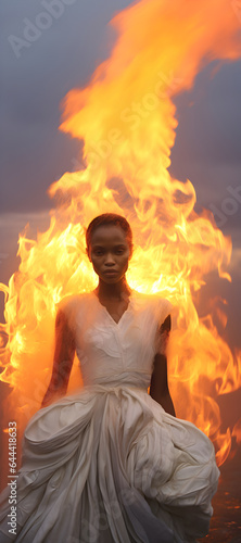 Fashion surreal Concept. Stunning beautiful woman girl surround with swirling flowing white dress and flaming blaze fire flames. illuminated with dynamic composition and dramatic lighting