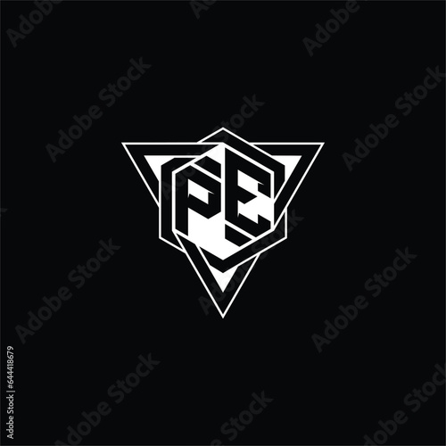 PE Letter Logo monogram hexagon shape with triangle geometric outline sharp modern design