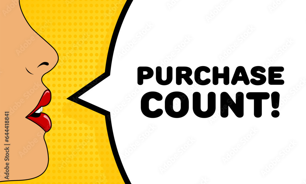 Purchase count sign. Flat, color, talking lips of a woman, purchase count icon. Vector icon