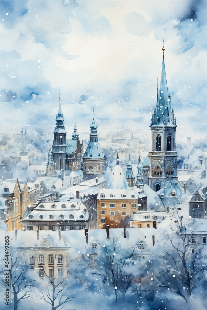 Fototapeta premium A stunning watercolor painting capturing a snowy European skyline adorned with intricate architectural details background with empty space for text 