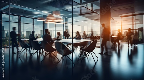 Long exposure shot of meeting room with people in modern office. Generative AI