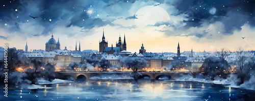 A whimsical winter panorama captures the enchanting skylines of European cities in a dreamy watercolor painting 