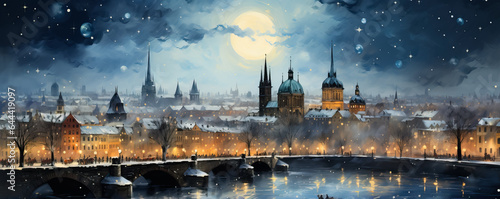 A whimsical winter scene captures the enchanting skylines of European cities in a stunning watercolor painting 