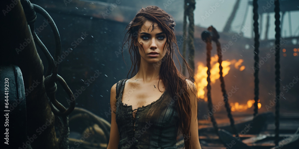 Fototapeta premium female pirate in short clothes on a burning pirate ship