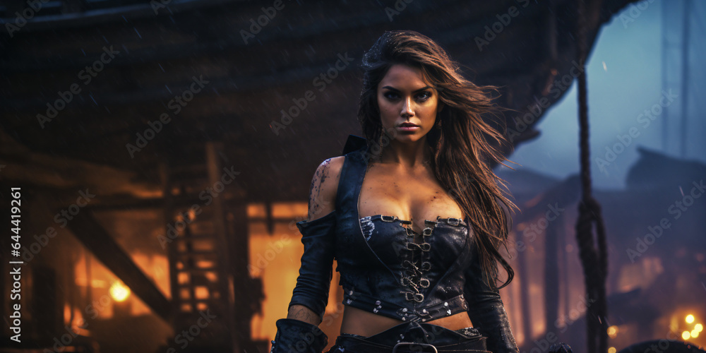 Fototapeta premium female pirate in short clothes on a burning pirate ship