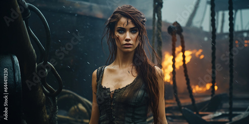 female pirate in short clothes on a burning pirate ship