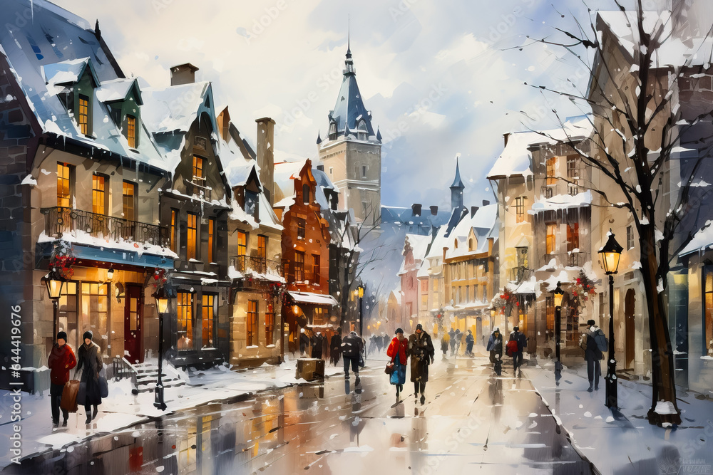 Fototapeta premium A vibrant watercolor painting capturing the charm of Quebec City in winter with snow-covered streets and historic architecture 