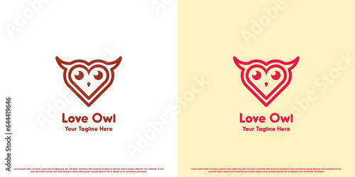 Love owl logo design illustration. Modern simple minimalist flat creative abstract silhouette of owl love heart cute adorable. Wildlife nature icon symbol living creature animal head baby owl.