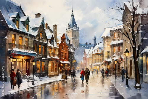 A vibrant watercolor painting capturing the charm of Quebec City in winter with snow-covered streets and historic architecture 
