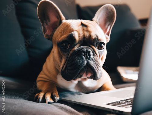 Cute dog working at home office on computer
