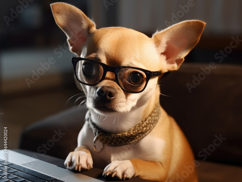 Cute chihuahua dog with glasses at the table in front of the keyboard, looking at the screen and working on the computer © Irina B