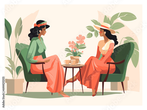 Two young females are sitting at table and talking in cafe. Meeting women in public place, having tea in restaurant,conversation, eating. Flat vector illustration