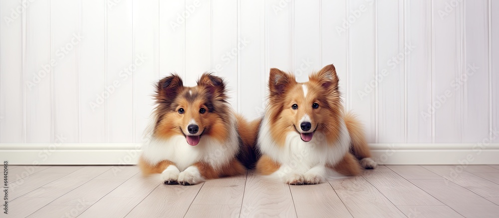 Two lovely Shetland sheepdogs side by side on a white surface against a isolated pastel background Copy space