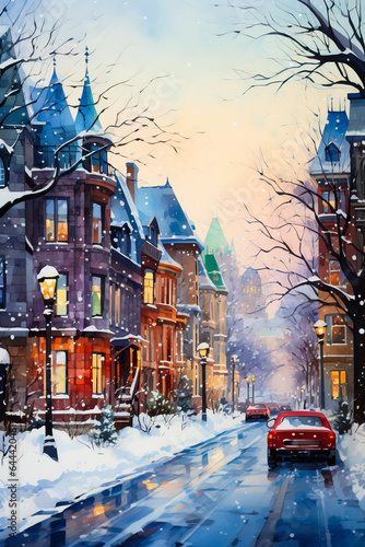 Whimsical snowy landscapes of Canadian cities captured in vibrant watercolors showcasing the unique charm of wintry scenes 