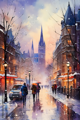 A picturesque winter evening in a Canadian city alive with vibrant watercolor portrayals of wintry scenes 
