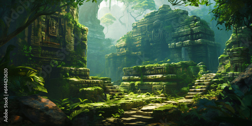 Fototapeta Naklejka Na Ścianę i Meble -  jungle with stone Mayan temple ruins. Fantasy forest landscape with green trees and bushes