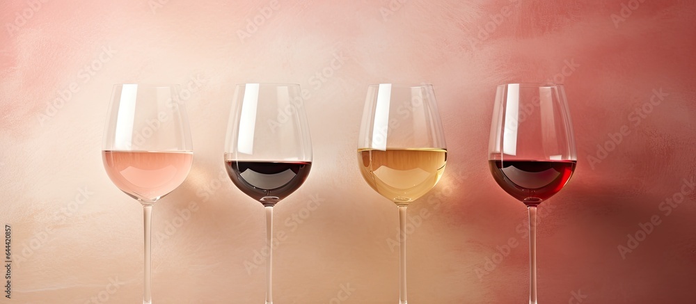 Three wine glasses containing white rosé and red wine isolated pastel background Copy space