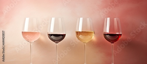 Three wine glasses containing white rosé and red wine isolated pastel background Copy space