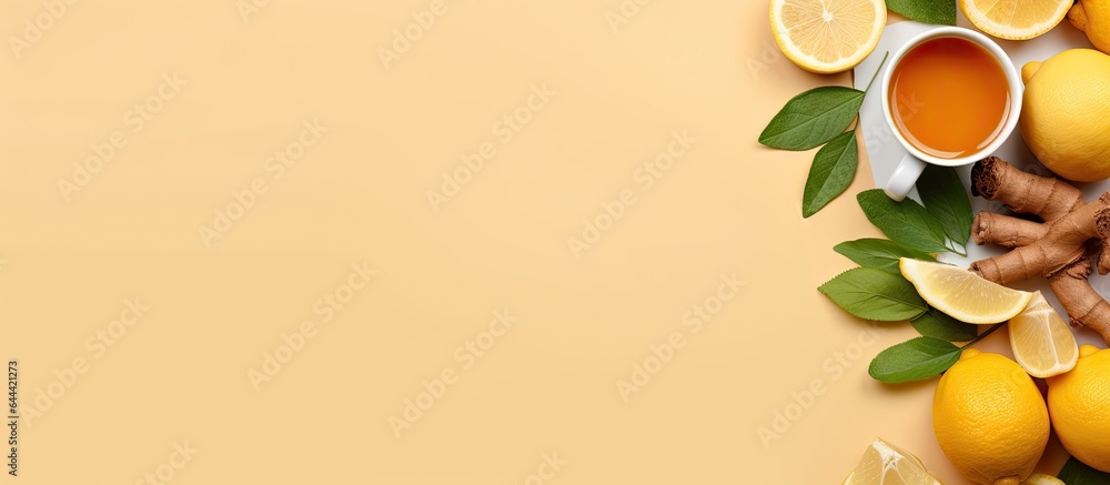 Top down view of ginger tea with lemon honey mint leaf against isolated pastel background Copy space with space for text - obrazy, fototapety, plakaty 