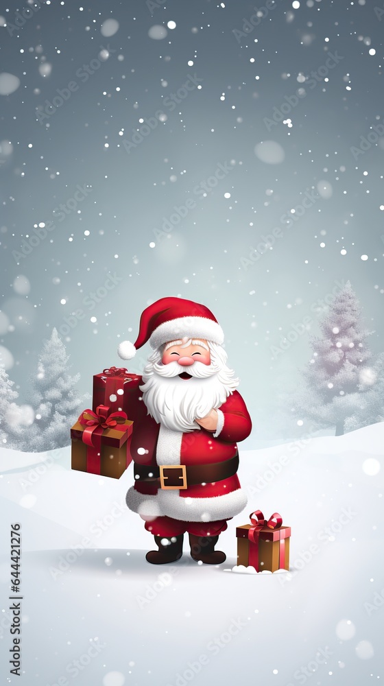 Santa Claus on snowy product display. AI Generated.