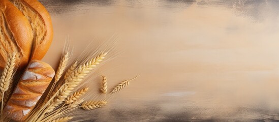 Loaf of wheat bread with ears of grain on a cutting board Food bakery items isolated pastel background Copy space