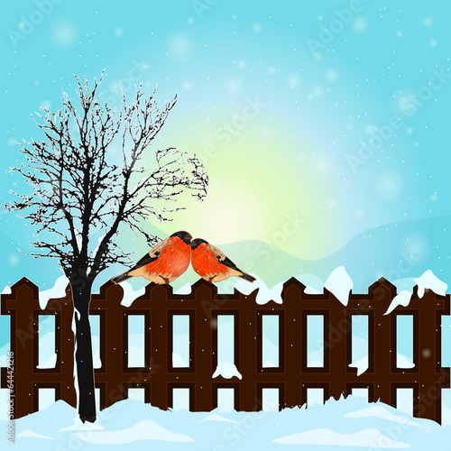 Winter landscape with bird bullfinch on fence, snow covered hills and blue morning sky. Two red birds sitting on fence. Christmas winter scene with snowfall. Snowy scenery. Stock vector illustration