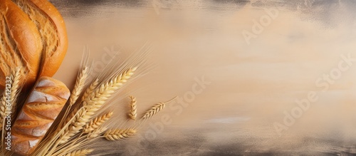 Loaf of wheat bread with ears of grain on a cutting board Food bakery items isolated pastel background Copy space
