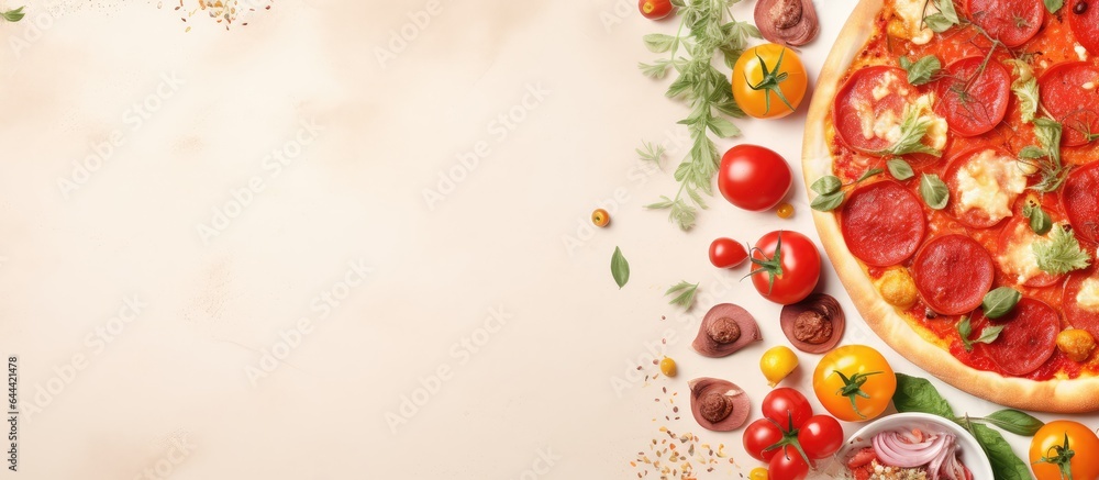 Newly made delicious pizza with meat cheese vegetables and sauce isolated pastel background Copy space Newly made delicious pizza with meat cheese vegetables and sauce isolated pastel background Copy space