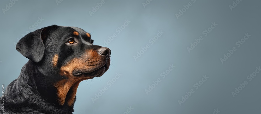 Rescue Rottweiler tilting head in studio portrait against light isolated pastel background Copy space