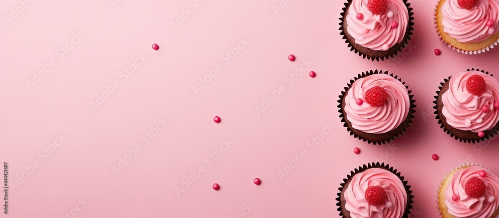 Raspberry filled cupcakes with a polka dot design isolated pastel background Copy space - obrazy, fototapety, plakaty 