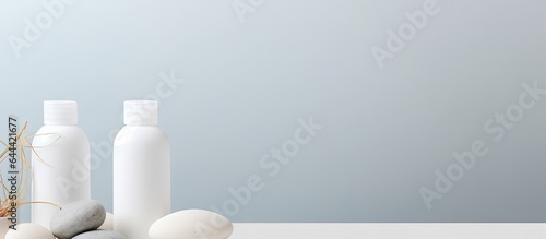 White plastic shampoo bottles and zen stones on a isolated pastel background Copy space Design template
