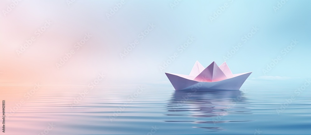 Lone paper boat against isolated pastel background Copy space