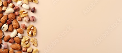 Nuts arranged on a isolated pastel background Copy space From above