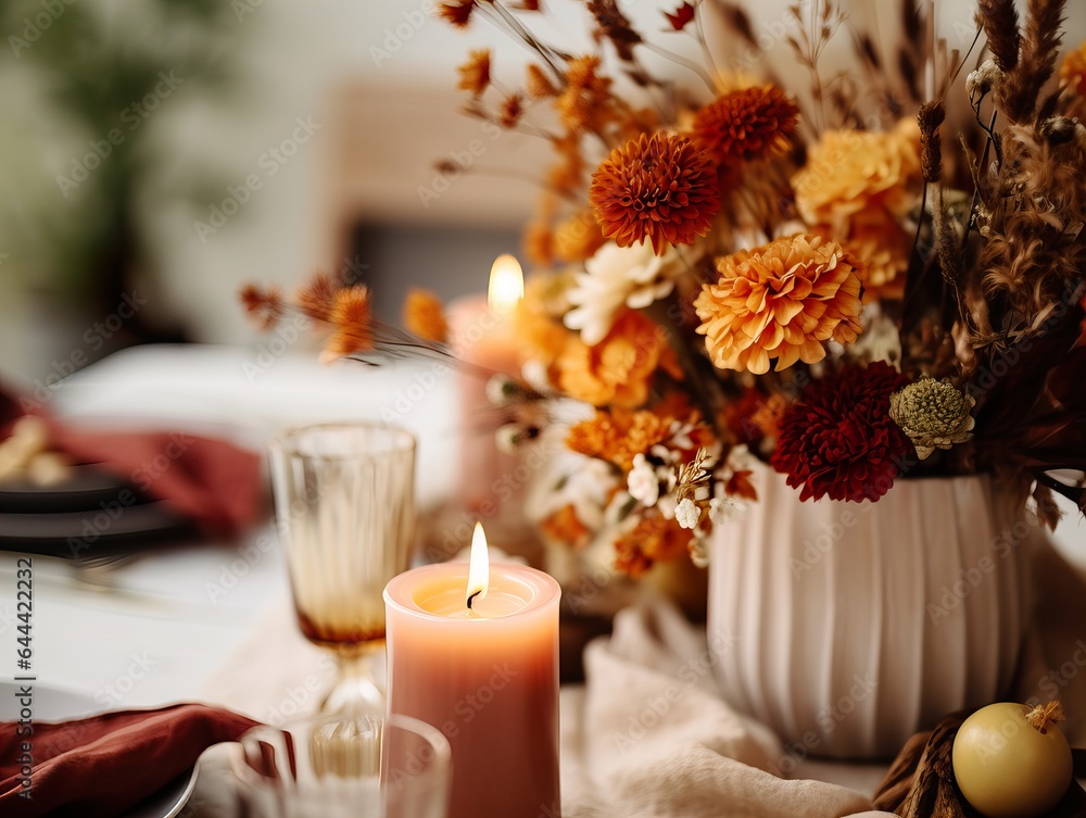 Beautiful fall table setting, autumn dinner table decoration with flowers and candles, holiday event decor in orange and yellow colors