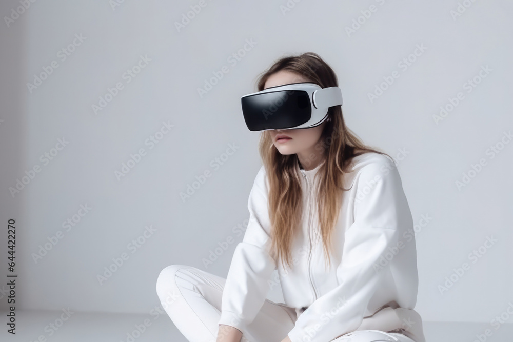 Girl in virtual glasses on a light gray background Girl in virtual glasses on a light gray background