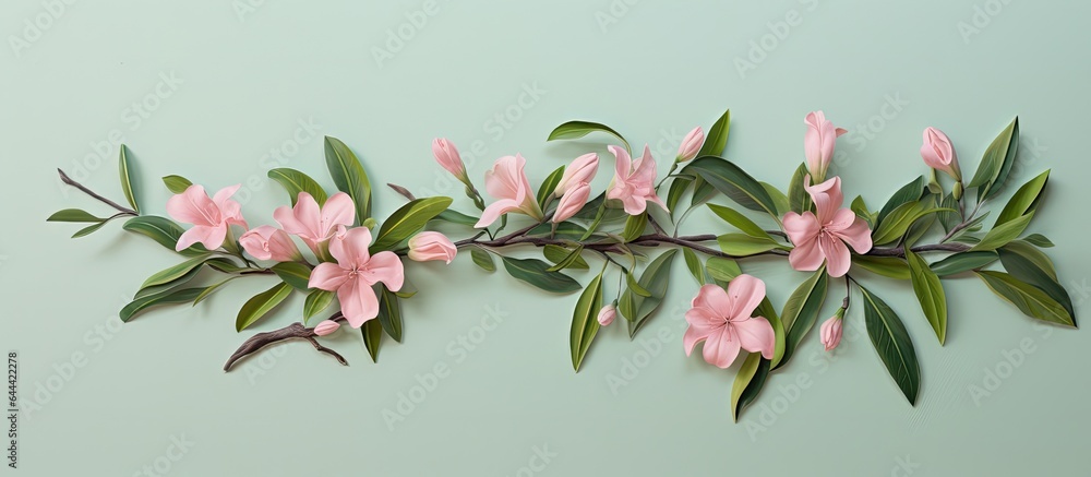 Pink flower on a green branch isolated pastel background Copy space