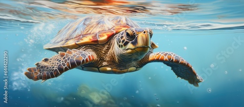 Red ear turtle on a isolated pastel background Copy space