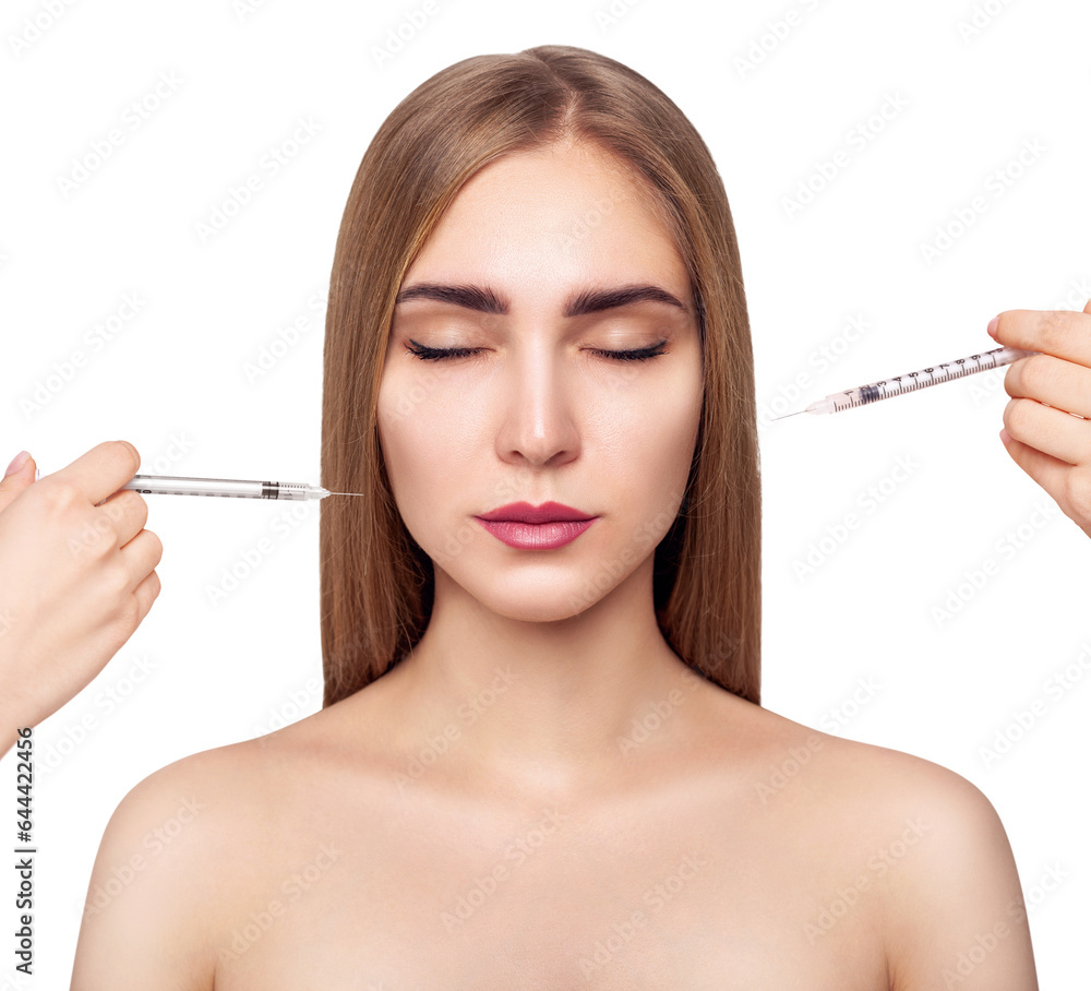 Collage of beautiful woman has an injections in face.