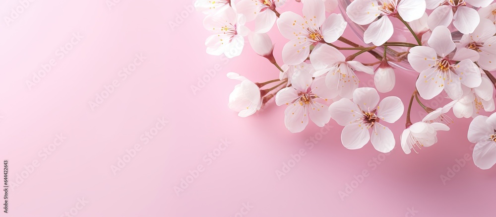 Spring vibes with white flowers in a clear glass against a isolated pastel background Copy space promoting creativity and providing space for text during the spring season