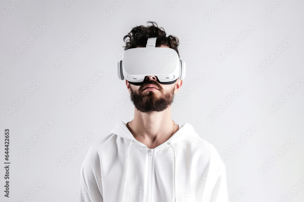 Fototapeta premium Man in virtual glasses on a plain background
