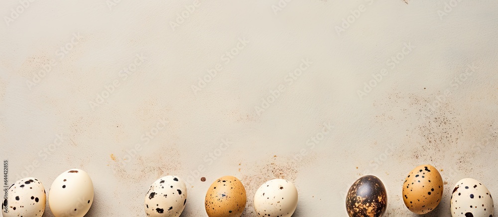 Obraz premium Painted quail eggs for Easter on a isolated pastel background Copy space