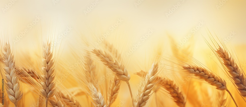 Shallow depth of field on wheat ears isolated pastel background Copy space