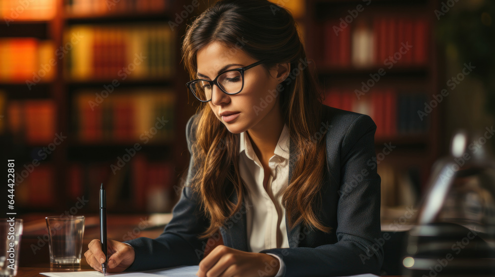 Beautiful young businesswoman in glasses sitting at the table in office. Successful professional leader business woman, female executive manager, saleswoman wearing suit.