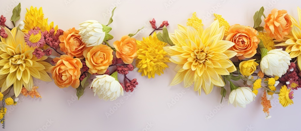 Yellow flowers arranged in a bouquet with a mix of chrysanthemum dahlia and orchid in vibrant colors of yellow orange and green set against a isolated pastel background Copy space