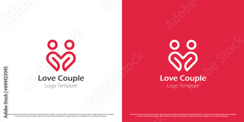Love couple letter M logo design illustration. Simple shape silhouette of letter M couple boy and girl romance love dating boyfriend girlfriend. Creative happy geometric affection simple icon concept.
