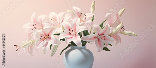 Romantically adorned vase with white and pink Lilies isolated pastel background Copy space